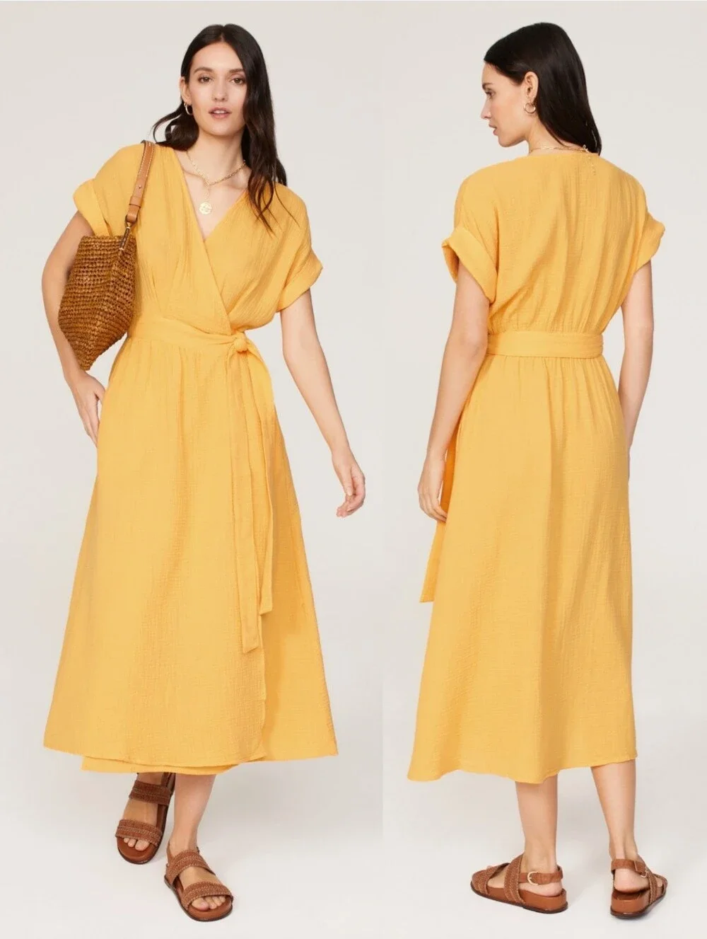 Marine Layer Valencia Wrap Midi Dress Marigold golden yellow cotton gauze Large